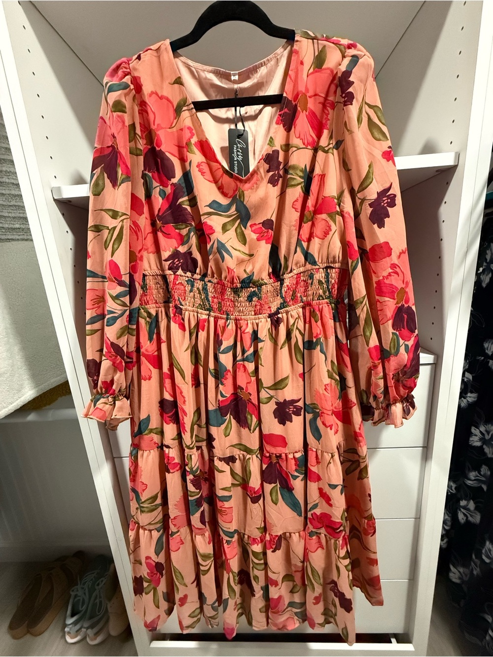 Floral Tiered V-Neck Midi Dress - Peach Pink